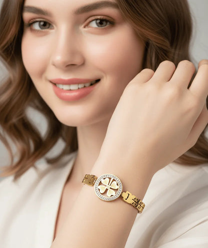Four-Leaf Charm Bangle - Gold-Plated Crystal Border Bracelet