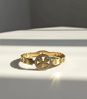 Four-Leaf Charm Bangle - Gold-Plated Crystal Border Bracelet