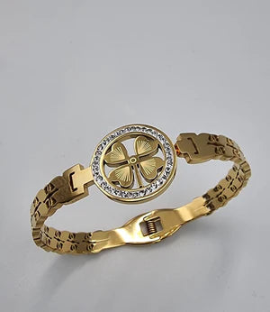 Four-Leaf Charm Bangle - Gold-Plated Crystal Border Bracelet